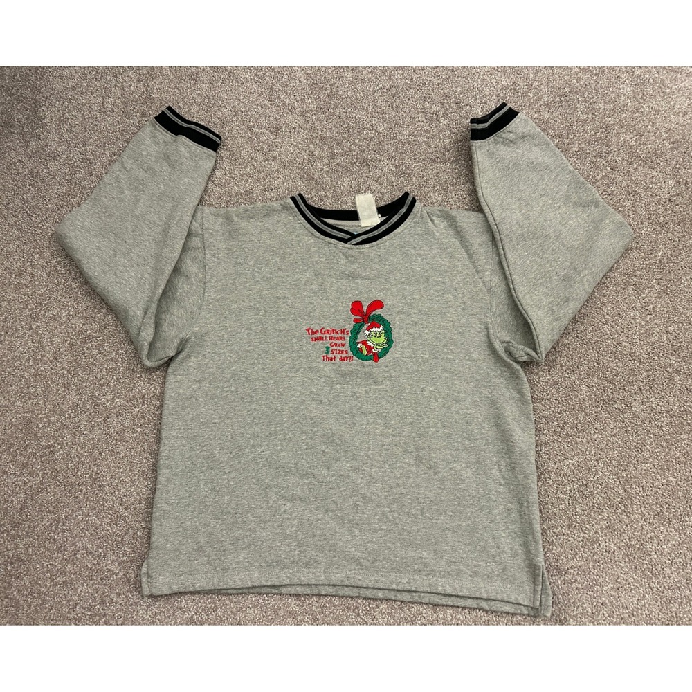 Y2K Dr. Seuss The Grinch Sweatshirt Mens Medium Gray Excellent Embroide Holiday